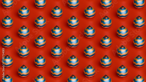 Brightly colored christmas balls in various patterns are neatly placed on a red background, showcasing a fun and playful setting ideal for joyful gatherings and activities. 3d render