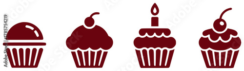 Four stylized maroon cupcakes with different toppings and decorations