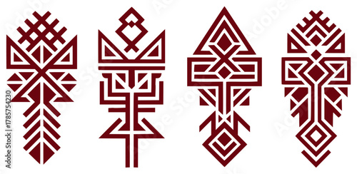 Four Geometric Maroon Symbols with Tribal and Ethnic Motifs