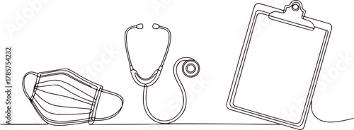 Medical Supplies Stethoscope, Face Mask, and Clipboard Line Art