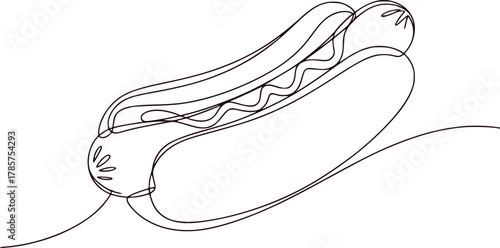 Minimalist Line Art Hot Dog with Wavy Mustard on a White Background