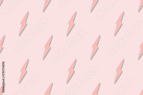 Minimalist repeating pattern of pink lightning bolts with a drop shadow on a pastel pink background.