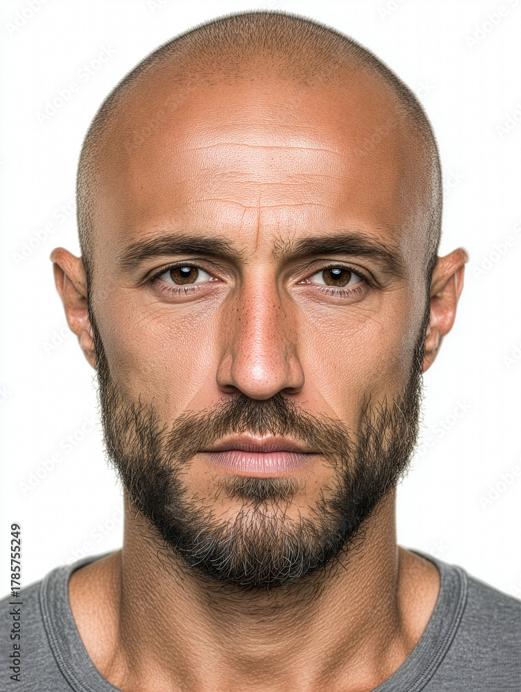 Fototapeta premium Close-up portrait of a confident bald man with beard on white background