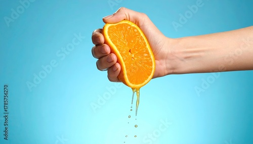 Orange half being squeezed by hand, juice droplets falling