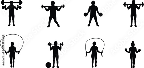 Silhouette set of athletes training with barbells, dumbbells, and jump ropes — strength, cardio, and fitness workout poses