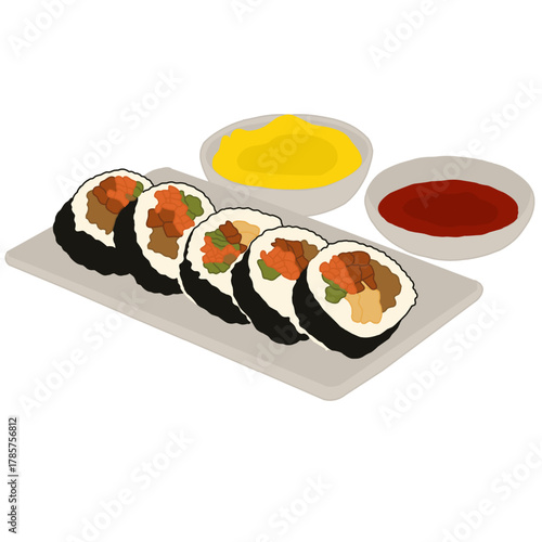 A vector illustration of Kimbap (Korean seaweed rice rolls) cut into slices and served on a platter with two dipping sauces