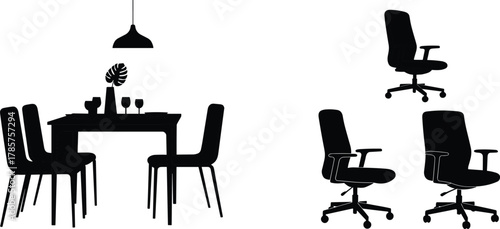 Silhouettes of dining table with chairs and office chairs, furniture illustration, interior design elements, modern seating arrangement, home and workplace decor