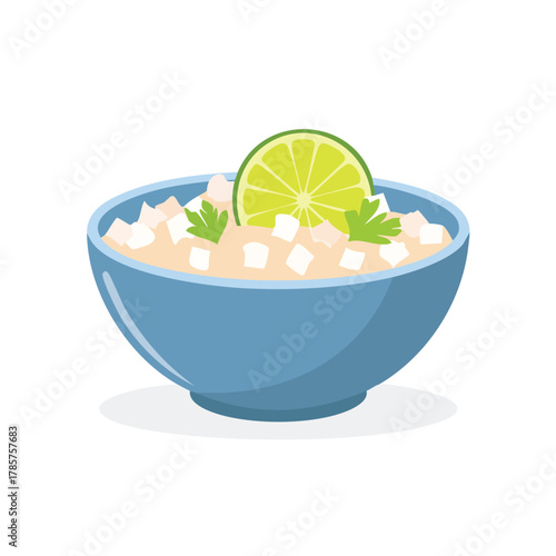 A bowl of delicious, healthy, and refreshing ceviche garnished with lime and cilantro, perfect for a light meal or appetizer