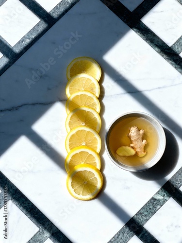 Minimalist Ginger and Lemon Tea Composition. A study in light and shadow.