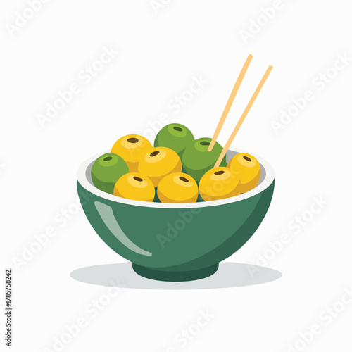 Vibrant illustration of a green bowl filled with spherical yellow and green food items, served with wooden chopsticks, representing a delicious Asian-inspired snack or light meal