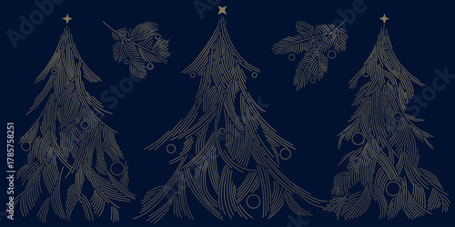 Vector golden Christmas tree line art, luxurious festive background with sparkling details and modern design. Holiday cards, New Year invitations, banners, and premium seasonal decorations