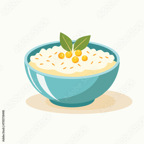 A delightful illustration of a bowl of creamy, sweet porridge, adorned with bright orange berries and fresh green leaves, perfect for a wholesome breakfast or light meal