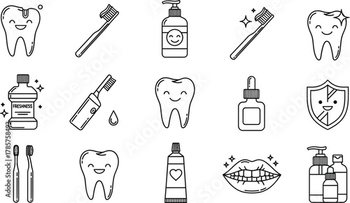 Dental care products and oral hygiene routine essentials vector icons eps silhouette