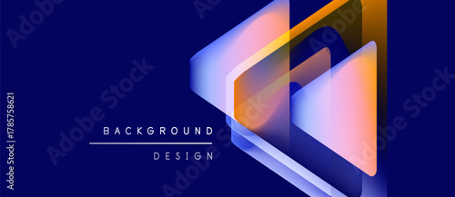 Abstract geometric shapes overlap, creating vibrant gradients. Dark blue background enhances colorful design elements. Modern aesthetic.