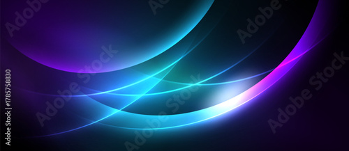 Abstract flowing lines, vibrant blues, purples dominate dark background. Smooth gradients create dynamic visual effect.