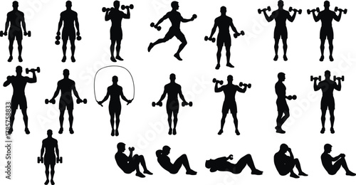 Silhouettes of men exercising with dumbbells, fitness training poses, gym workout, strength exercise collection, bodybuilding, physical activity illustration