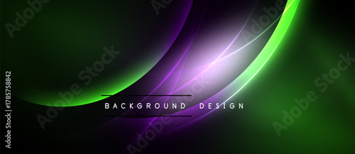 Abstract background features vibrant green, purple hues. Smooth curves create dynamic light effects. Modern design element.
