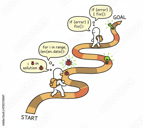 An allegorical illustration of the software development journey, showing a programmer debugging code and fixing bugs to reach the final goal