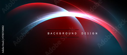 Abstract red, blue gradients create dynamic light effects. Modern design features curved lines, dark background. Minimalist text overlay present.