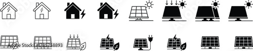 Solar panel icon set. Eco friendly clean energy and sun-powered electricity. Vector illustration