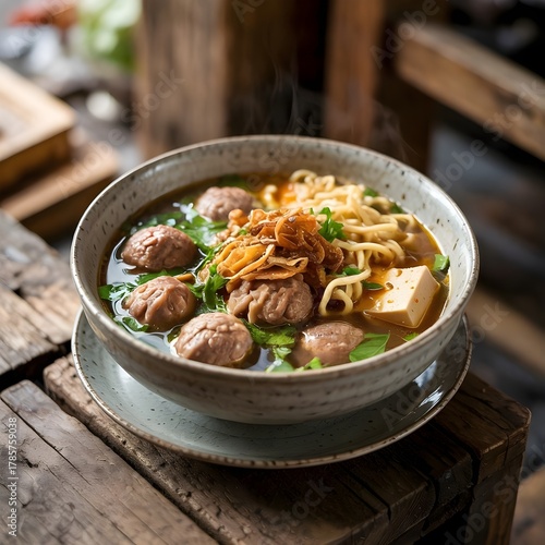 Rustic Indonesian Cuisine – Bakso Noodle Soup with Rich Broth and Toppings