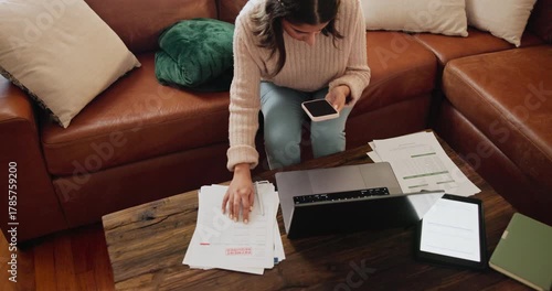 Woman, paperwork and phone with stress for bills on sofa in home with bankruptcy, inflation and overdraft debt. Indian girl, financial payment and documents with laptop for online banking or top view