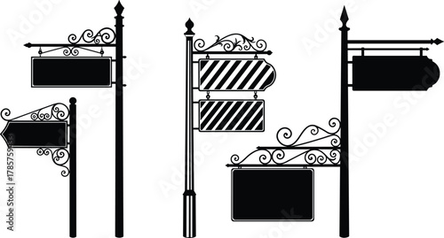 Vintage ornamental street sign silhouettes with decorative wrought iron scrollwork poles, retro signage boards, classic design, historical style, urban navigation illustration