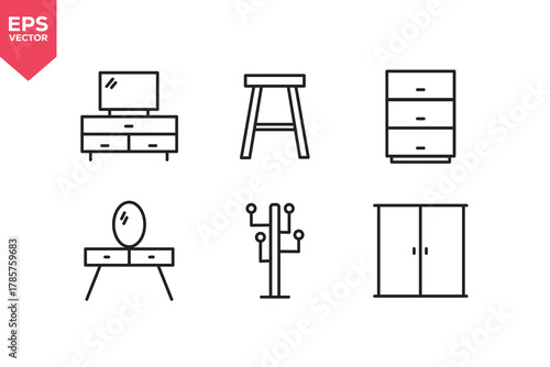Set of line icons related to furniture, home decor, TV bench, wardrobe, floor hanger, mirror. Editable stroke. Vector illustration