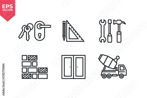 Set of line icons related to pencil and ruler, brick work, door, truck mixer, key . Editable stroke. Vector illustration