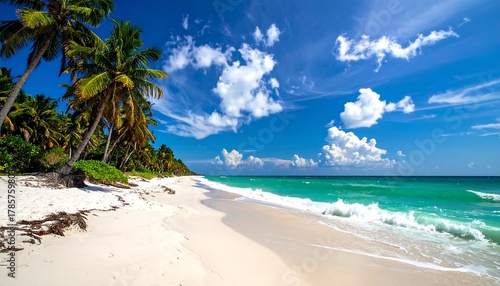 Fototapeta Naklejka Na Ścianę i Meble -  White sand beach with turquoise water and palms beneath a brilliant blue sky dotted with puffy white clouds