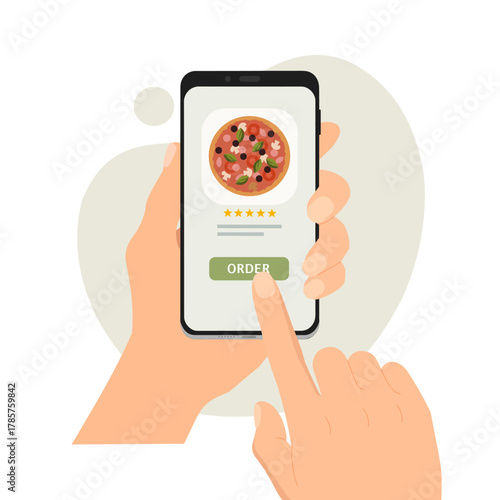 Hand holding smartphone and ordering pizza online from restaurant, online food delivery, order fast food online