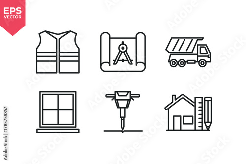Set of line icons related to home repair, dump truck, window, safety clothes, jackhammer, architecture. Editable stroke. Vector illustration