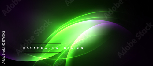 Abstract neon background. Vibrant green, purple hues blend. Smooth curves create dynamic visual effect. Modern design element.