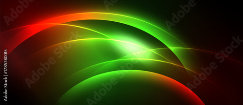 Abstract vibrant curves blend, creating luminous effect. Green dominates with red accents against dark background. Dynamic composition.