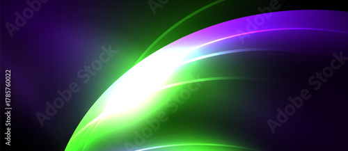 Abstract vibrant curves blend purple, green, white. Dynamic light creates flowing energy, modern design. Smooth gradients dominate composition.