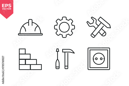 Set of line icons related to construction, helmet, process, tools, toolkit, rosette, brick work. Editable stroke. Vector illustration