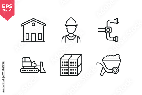 Set of line icons related to house, builder, plumbing, outer wall, bulldozer, wheel barrow. Editable stroke. Vector illustration