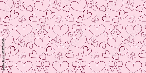 Sweet seamless vector pattern of maroon outline hearts and bows over a light pink background, perfect for Valentine's Day stationery, nursery textile or gift wrap.