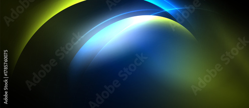 Abstract composition features curved lines, vibrant colors. Blue, green hues blend, creating dynamic visual effect. Dark background emphasizes luminosity.