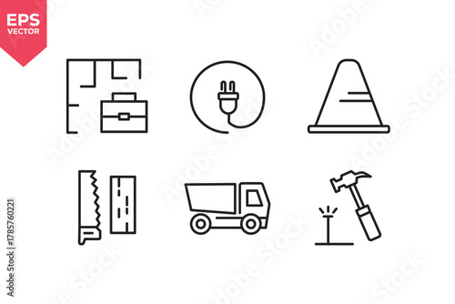 Set of line icons related to barrier, hand saw, dump truck, electrical service, carpenter work. Editable stroke. Vector illustration