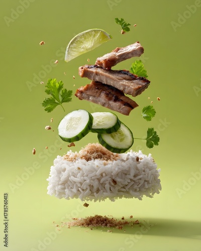 Deconstructed Thai grilled pork neck and rice plate floating mid air with fresh ingredients
