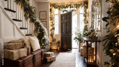 Fototapeta Naklejka Na Ścianę i Meble -  Christmas home entry with garlands and wrapped presents 