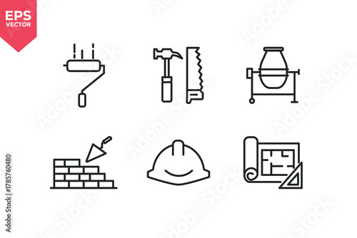 Set of line icons related to helmet, paint roller, blueprint, brickwork, cement. Editable stroke. Vector illustration