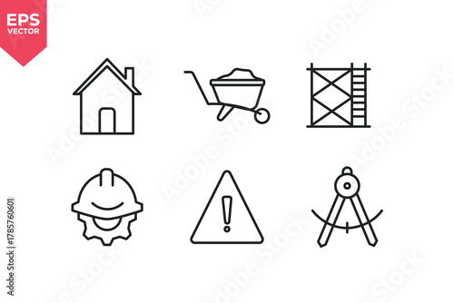 Set of line icons related to home, planning, alert sign, scaffolding, wheel barrow, engineer cap. Editable stroke. Vector illustration