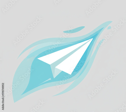 Abstract white paper airplane in swift flight, encircled by dynamic blue flowing shapes, symbolizing fast communication, innovative messaging, and rapid idea delivery