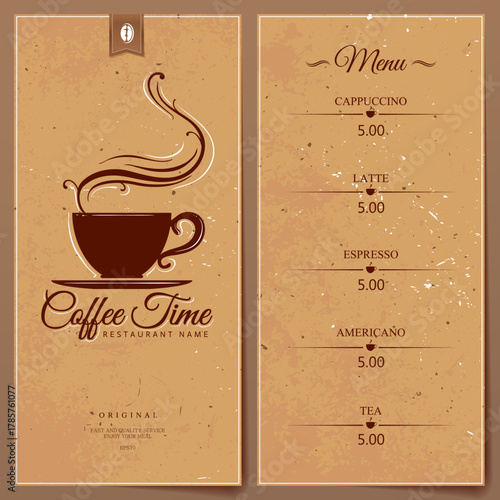 Minimal coffee menu template with clean layout and warm inviting colors for cafes and coffee shops.
