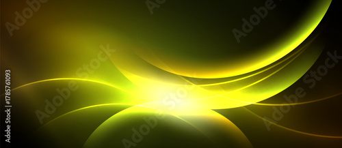 Abstract yellow light curves radiate from bright center. Dark background emphasizes glowing shapes, creating dynamic visual effect.