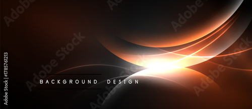Dark abstract background. Bright light emanates from center, creating curved lines. Modern design elements present. Simple, elegant composition.