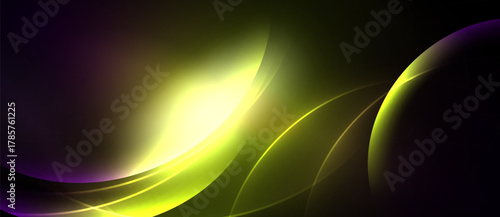 Abstract design features flowing curves, vibrant colors. Yellow, purple, green blend creating dynamic visual effect. Smooth gradients dominate composition.