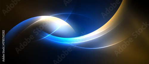 Abstract flowing lines, vibrant blues, golds create dynamic energy. Light radiates from central point, dark background emphasizes curves.